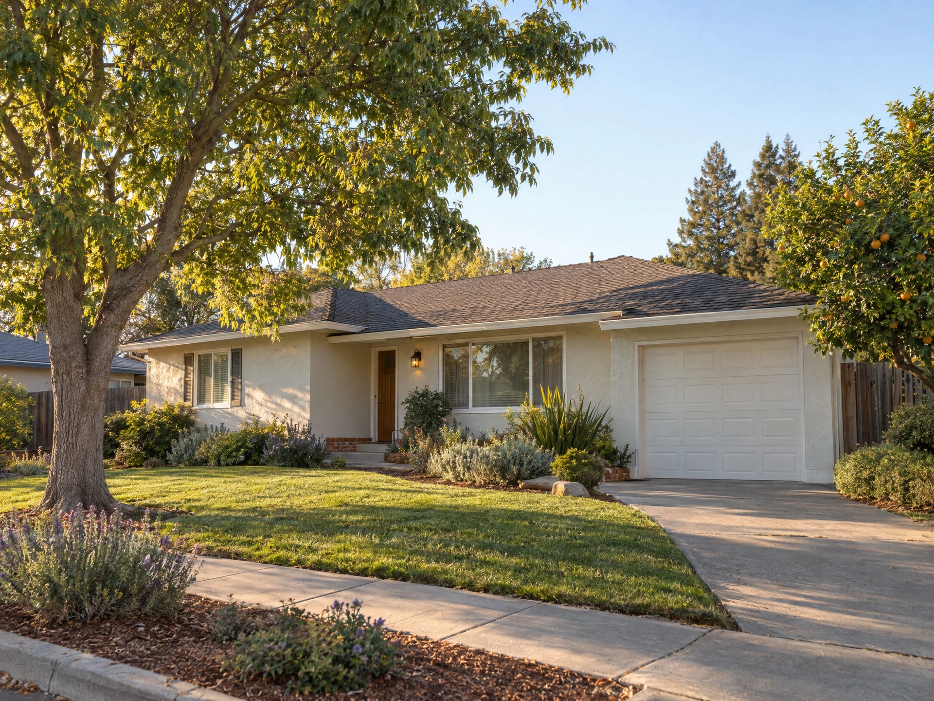 Illustrative single-story California-style rental home with a modest front yard